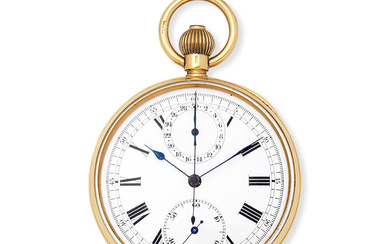 An 18K gold keyless wind open face chronograph pocket watch...