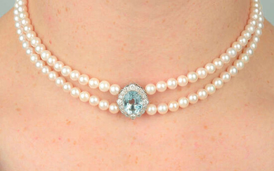 An 18ct gold aquamarine and brilliant-cut diamond highlight cultured pearl choker.