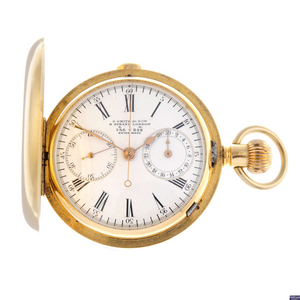 An 18ct yellow gold full hunter chronograph pocket watch by S. Smith & Son.