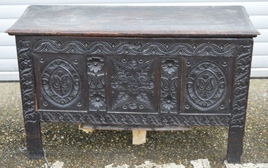 An 18th Century carved wood panelled coffer 74 x 121 x 47 cm
