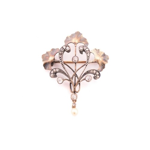 An Art Nouveau diamond and pearl brooch, with rose-cut and o...