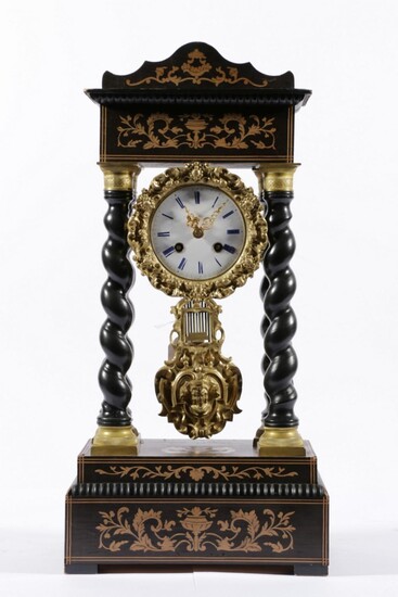 An Ebonised Four Pillar French Portico Mantle Clock c1860, Signed Leroy Paris (H:50cm)