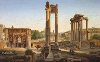 An Italian Grand Tour micro-mosaic panel depicting a view of the Forum Romanum. 19th century. Image 44×64 cm; frame 69×89 cm.