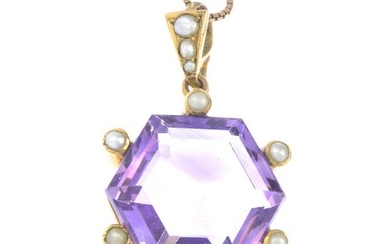 An amethyst and split pearl pendant, suspended from...