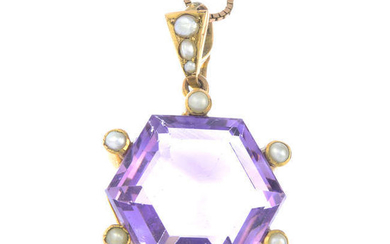 An amethyst and split pearl pendant, with 9ct gold chain.