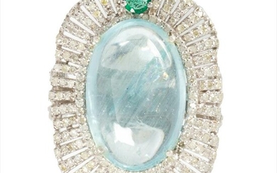 An aquamarine, diamond and emerald ring