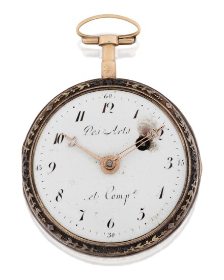 An early 19th century Swiss gold open face pocket watch, C. 1830 the white enamel dial with Roman black numerals, and gilt hands, signed Des Arts et Comp, the key wind verge movement with fusee, centrally pierced balance bridge, the three colour...