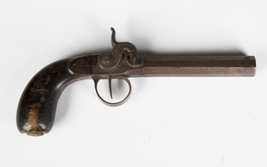 An early 19th century percussion pistol with octagonal turn-off barrel, barrel length 10.5cm, foliat