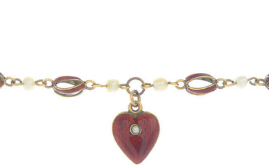 An early 20th century 15ct gold red enamel bracelet, with seed pearl spacers, suspending a split pearl heart charm.