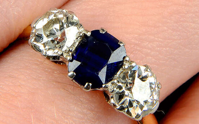 An early 20th century 18ct gold sapphire and old-cut diamond three-stone ring.