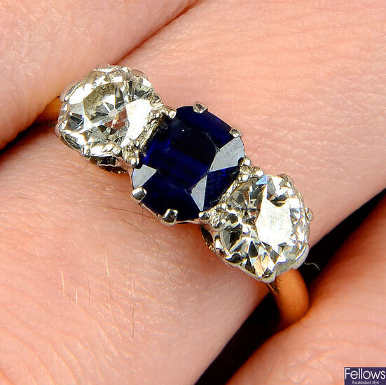 An early 20th century 18ct gold sapphire and old-cut diamond three-stone ring.