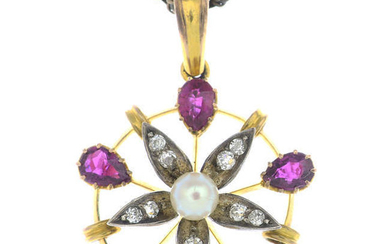An early 20th century 9ct gold diamond, cultured pearl and ruby pendant, with chain