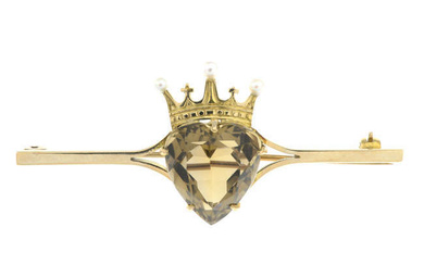 An early 20th century 9ct gold smoky quartz and seed pearl heart and crown bar brooch.