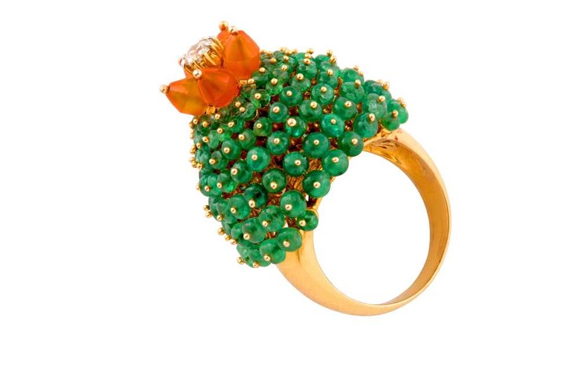 An emerald, fire opal and diamond bombé ring