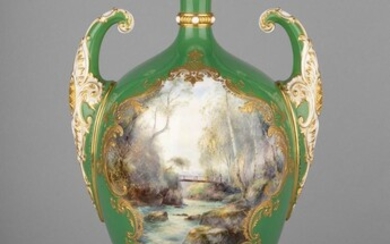 An important Royal Worcester vase presented to Capt. and Mrs. J.M. Gibson Watt on the occasion of their marriage in 1911 and painted with a named view of Alpine Bridge Nr. Llandrindod Wells by Harry Davis. 19 1/2 in. (49