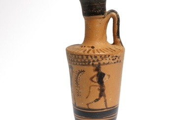 Ancient Greek Terracotta Black-Figure Pottery Lekythos with a Satyr and Horse Rider
