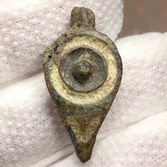 Ancient Roman Bronze Military Enamelled Piriform Seal Box imitating an Eye.letter V ( probably from VICTORIA - Victory)