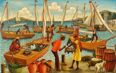 Andre Normil Haitian Busy Dockside Painting