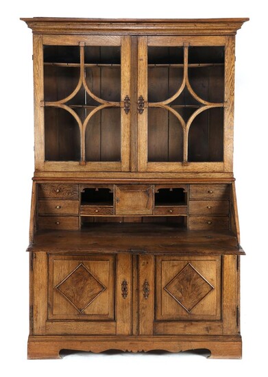 (-), Antique oak flap desk with many drawers...