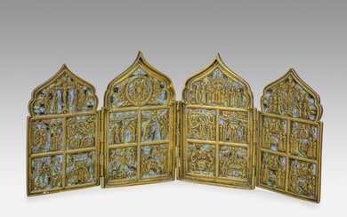 Antique 19thC Russian Orthodox Enameled Brass Four-Panel Folding Traveling Icon