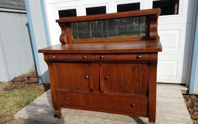 Antique American Solid Oak Sideboard with Mirror