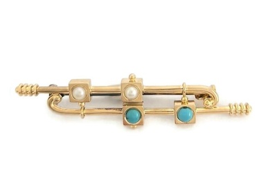 Antique Art Deco Long Cabochon Turquoise Pearl Brooch 14K Yellow Gold, 5.21 Gr