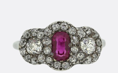 Antique Burmese Ruby and Diamond Triple Cluster Ring