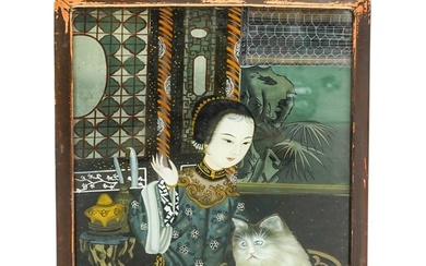 Antique Chinese Reverse Painted Glass Woman And Cat Portrait