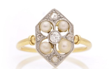 Antique Edwardian Hexagon shaped - 18 kt. Platinum, Yellow gold - Ring Diamond - Pearls