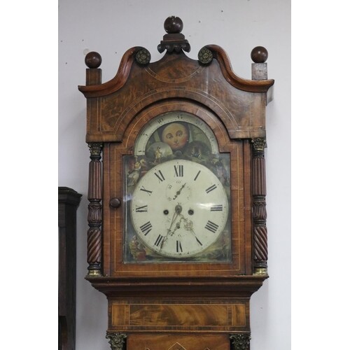 Antique English Regency eight day longcase clock, painted ar...