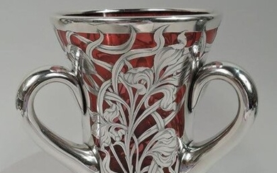 Antique Vase Art Nouveau Loving Cup Urn American Red Glass Silver Overlay