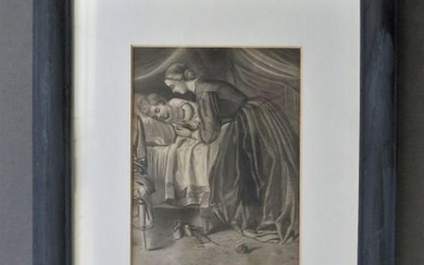 Antique Victorian Engraving, Mother and Child, 1870s, Oak Frame