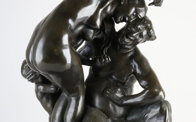 Antique bronze group of figures by Jef Lambeaux. 1852 - 1908. Nude woman with faun....