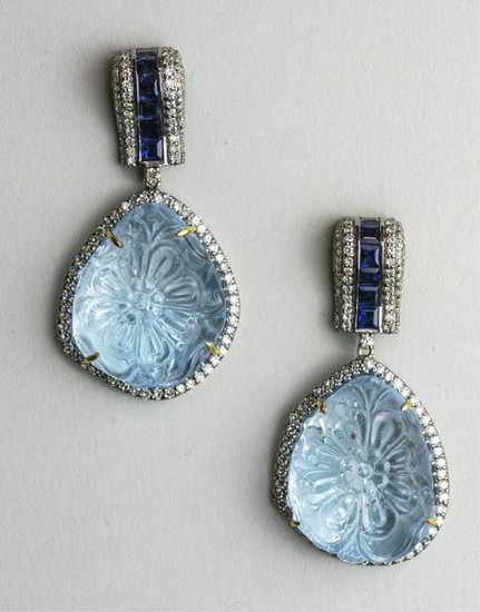 Aquamarine, Sapphire and Diamond Earrings *