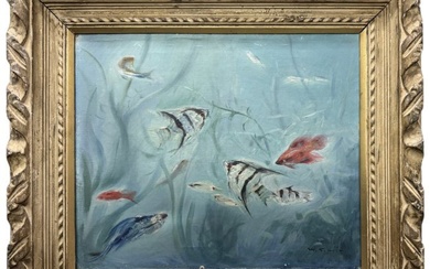 Aquatic Aquarium Scene Signed Oil on Board Vintage Painting Angelfish Beta Fish