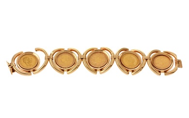 Armband 91.21g 750/- Gelbgold mit 5 Muenzen 900/- Gelbgold. Laenge ca. 19 cm