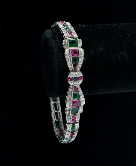 Art Deco 18K Gold Diamond Emerald & Ruby Bracelet
