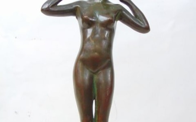 Art Deco bronze nude, signed Burke, nude woman with raised arms, height is 12.75"