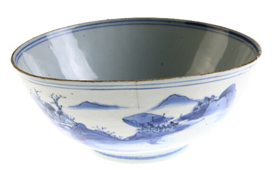 Asia / Asiatica - Chinese porcelain bowl with decor of fiigures and pagodas in landscape, Chenghua marked, Transition period, circa 1640 - Diam. 21 cm, hairline