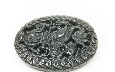 Asian Green Jade Carved Dragon Medallion