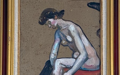 Attribué à Fernand PIET (1869-1942) Femme remontant ses bas Huile sur panneau 42.5 x 29...
