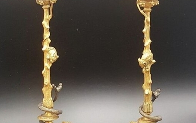 Attributed to Victor Paillard (1805 - 1886) - Candlestick (2) - Bronze (gilt), Patinated bronze - late 19th century