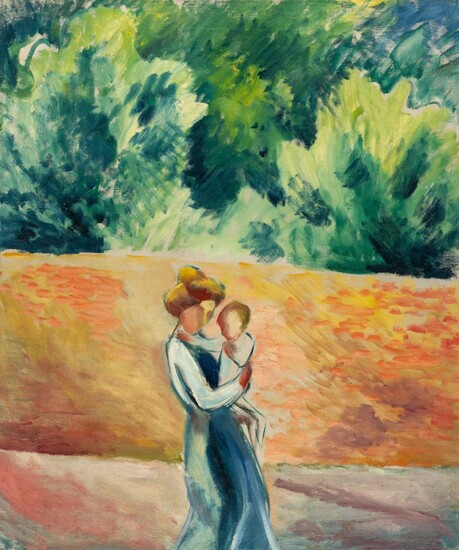 August Macke - Frau mit Kind an der Gartenmauer