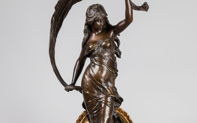 Auguste MOREAU (1834-1917). "Le Char de l'Aurore". Sujet en bronze à patines brune et dorée,...