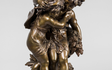 Auguste MOREAU (1834-1917). Les deux enfants. Groupe en bronze mordoré sur socle tournant en marbre...