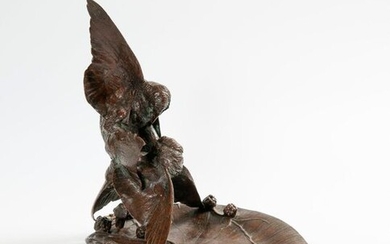 Auguste Nicolas CAIN (1822/1894): "bird fight for blackberries over a water lily leaf" pocket-table. Bronze print with brown patina. Cast iron from Susse Frères. Signed. Ht. 24 cm (accidents)