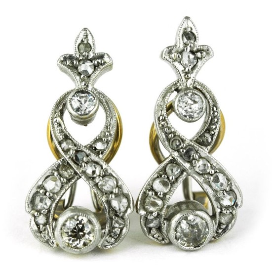 Authentic Antique - 18 kt. White gold, Yellow gold - Earrings Diamond