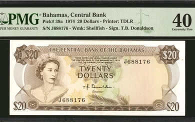 BAHAMAS. The Central Bank of the Bahamas. 20 Dollars, 1974. P-39a. PMG Extremely Fine 40.