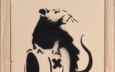 BANKSY (Né en 1974) "Rat with toxic waste barrel" Pochoir sur carton signé au tampon...