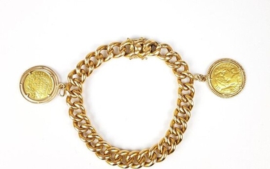 BRACELET in gold 750 ‰ chain link with two 5 franc and 10 franc gold hanging coins, approx. 20 cm long, PB 30.5 g